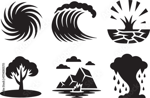 Natural disaster icons: storm, wave, drought, tree, mountain, tornado