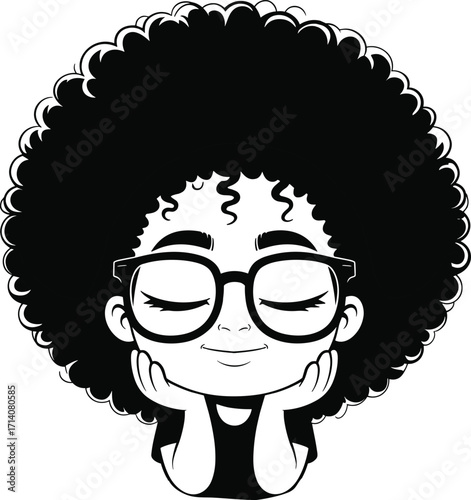 Adorable afro girl cartoon vector, cute child face with glasses, curly hair illustration, peaceful smile art, black girl character.