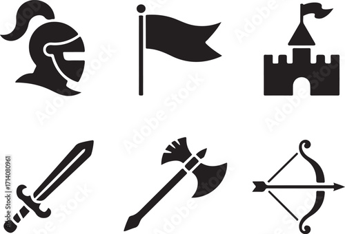 Medieval icons knight castle sword axe bow arrow flag