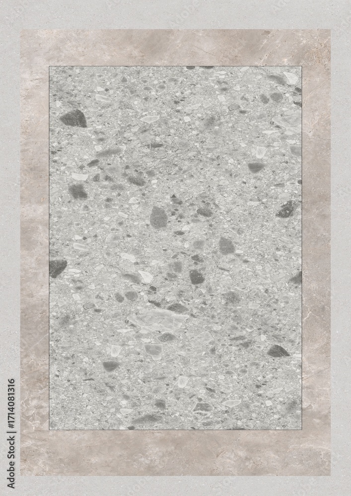 Fototapeta premium Close-up view of a textured concrete surface with embedded stones and a light-colored border frame