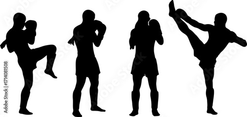 silhouette thai boxing postures muay thai in black shapes monochrome on white background vector