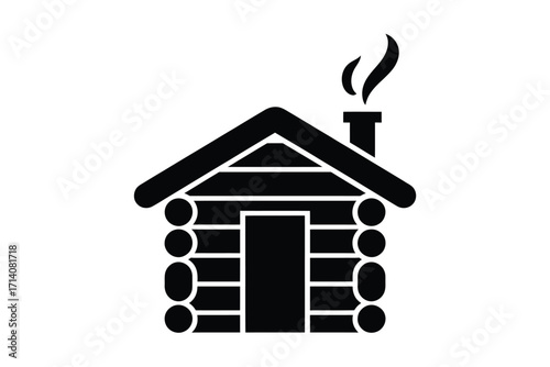 Simple black and white icon of a cozy log cabin with smoke