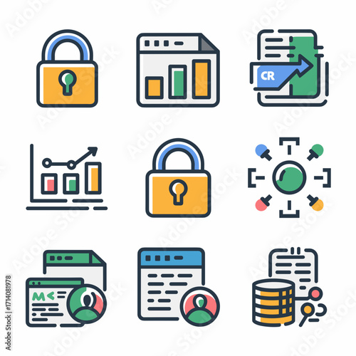 Vector SaaS marketing icons with subscription analytics and CRM – Ideal for modern software platforms, product promotion, or UI kits