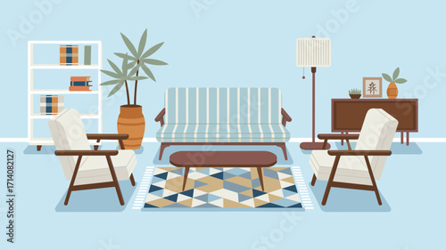 Flat vector illustration of mid-century modern living room with striped sofa and white chairs – Ideal for interior design, modern furniture branding, or lifestyle content