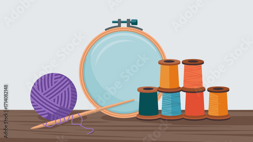 Flat vector hobby set with knitting needle embroidery hoop and yarn