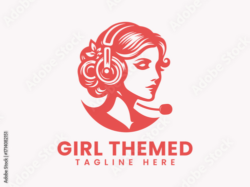 Elegant RedToned Logo of a Woman with Headphones and Microphone.