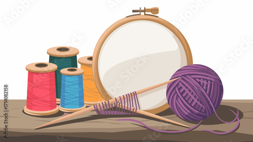 Vector hobby set with knitting needles embroidery hoop and spools of thread