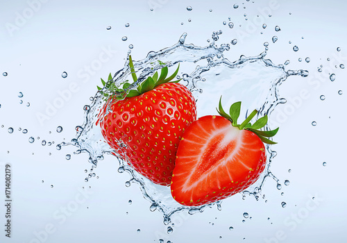 Crystal-clear water capturing a vibrant strawberry dropping swiftly