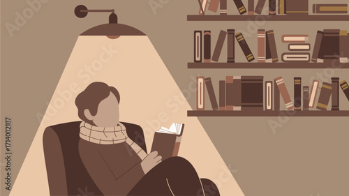 Vector cozy reading corner with person lamp and books