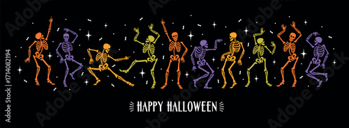 Happy dancing skeletons. Colored vector illustration for Halloween and other