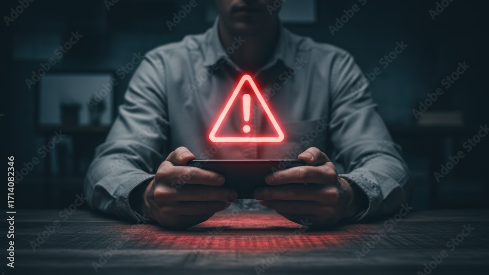 custom made wallpaper toronto digitalA businessman holding a smartphone with a red warning hologram for scam alert, fraud alert, email spam, and cyber threats