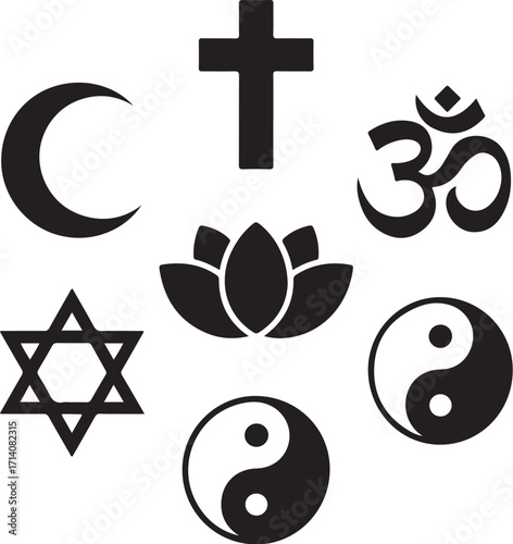 Diverse spiritual symbols united in harmony and peace