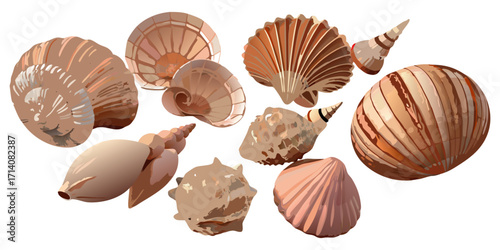 Create a highly realistic, high-resolution image of a collection of assorted sea shells suspended in mid-air or artistically arranged on a clean white background. Include a variety of shell types such