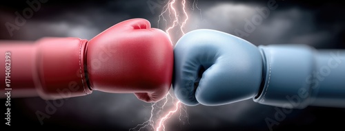 Two boxing gloves in red and blue collide in a dramatic display of competition with sparks and energy around them in a tense atmosphere