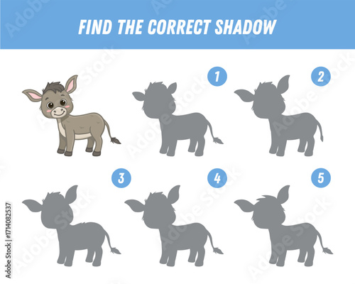 Find correct shadow of cute cartoon donkey. Educational logical game for kids. Funny animal. Vector illustration