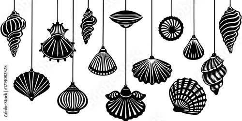 Create a highly realistic, high-resolution image of a collection of assorted sea shells suspended in mid-air or artistically arranged on a clean white background. Include a variety of shell types such