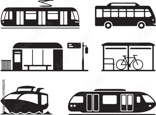 Urban transport icons: bus, train, ferry, station, bike