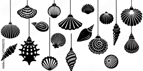 Create a highly realistic, high-resolution image of a collection of assorted sea shells suspended in mid-air or artistically arranged on a clean white background. Include a variety of shell types such