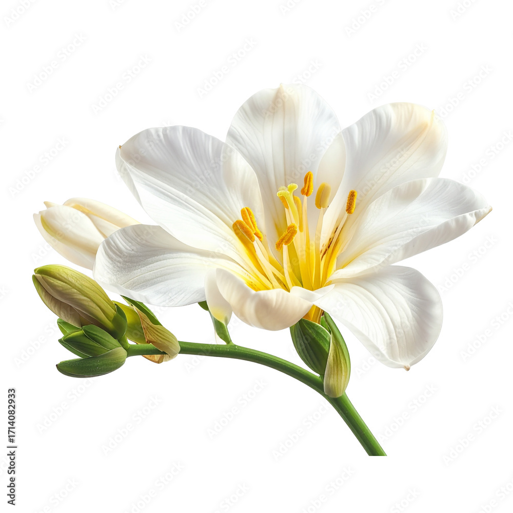 Fototapeta premium Side View of Blooming Freesia, Curved Stem and Petals, Isolated