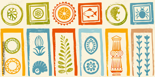Collection of stylized colorful hand drawn motifs and icons arranged in a grid pattern