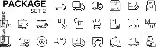 Package delivery icons set, shipping and logistics line vector, courier service symbols, e-commerce design elements, freight transport and warehouse illustration