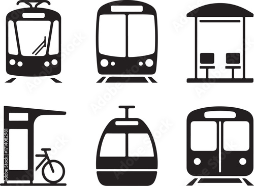 Modern urban transit icons: trains, trams, and stations
