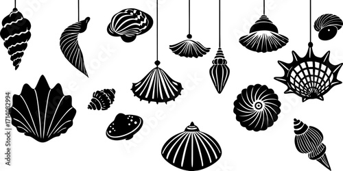 Create a highly realistic, high-resolution image of a collection of assorted sea shells suspended in mid-air or artistically arranged on a clean white background. Include a variety of shell types such