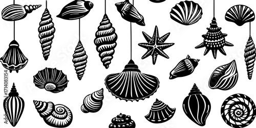 Create a highly realistic, high-resolution image of a collection of assorted sea shells suspended in mid-air or artistically arranged on a clean white background. Include a variety of shell types such