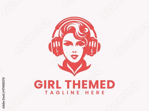 Red Silhouette of a Woman Wearing Headphones Music Logo Design.