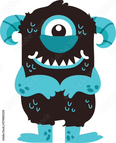 Adorable Fluffy OneEyed Monster with Blue Horns and Arms.
