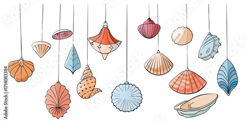 Create a highly realistic, high-resolution image of a collection of assorted sea shells suspended in mid-air or artistically arranged on a clean white background. Include a variety of shell types such