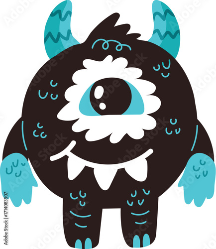 Friendly OneEyed Black Monster with Teal Horns and Paws.