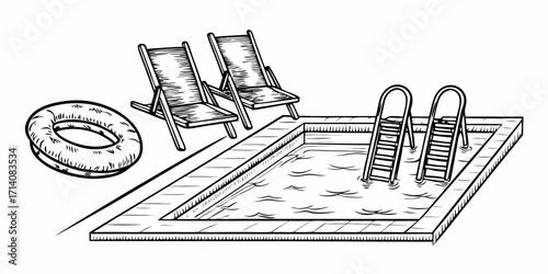 Hand drawn sketch of a swimming pool with lounge chairs and a swim ring on the deck