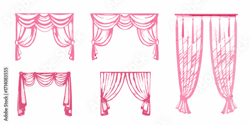 Collection of five hand drawn pink draped curtains and window treatments with a sketchy artistic style