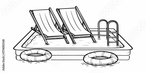 Two lounge chairs and inflatable rings in a swimming pool with a ladder