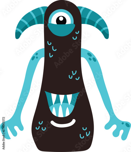 Friendly OneEyed Cartoon Monster with Teal Accents and Sharp Teeth.