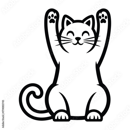 Playful Kitty: A cute and cartoonish cat sits upright with its paws joyfully raised, illustrating the feline's playful and contented nature.
