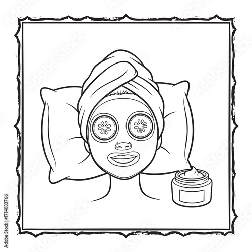 Woman with Cucumber Slices on Eyes and Facial Mask – Spa Day and Self-Care Colouring Page