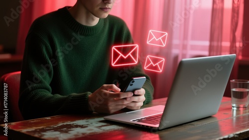 A man using a smartphone and laptop with floating red email icons near the laptop and phone showing scam alert warning, fraud alert, email spam threats