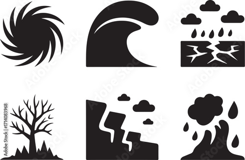 Natural disaster icons: storm, wave, flood, drought, landslide