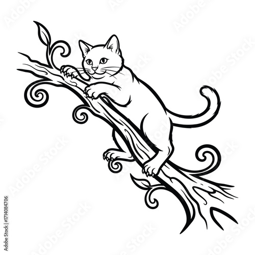 Cat on Branch: A sleek, white cat gracefully perched on a textured branch amidst elegant floral elements. It's a visual symphony of nature and grace.