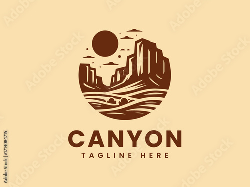 Stylized Canyon Landscape with Sun and Clouds in a Circular Emblem.
