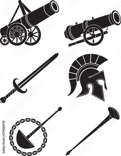 Historic weapons and armor icons for battle themes