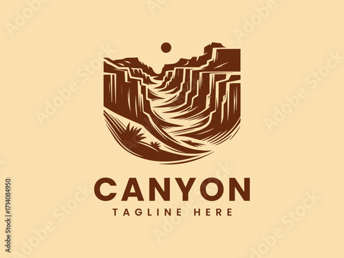 Stylized Canyon Landscape with Sun Brown Tones and Desert Flora.