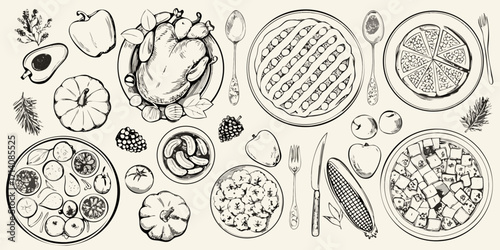 Hand drawn sketch of a festive holiday meal with roasted chicken pie and fresh fruits and vegetables