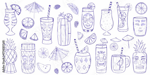 Collection of hand drawn tropical tiki cocktails and summer refreshments with fruits and umbrellas