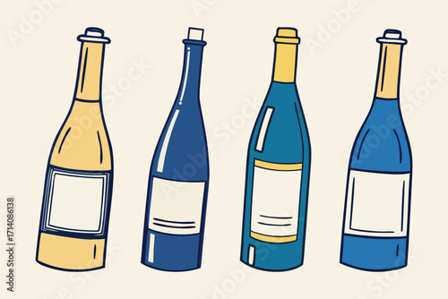 Hand drawn doodle illustration of four wine bottles in yellow and blue colors