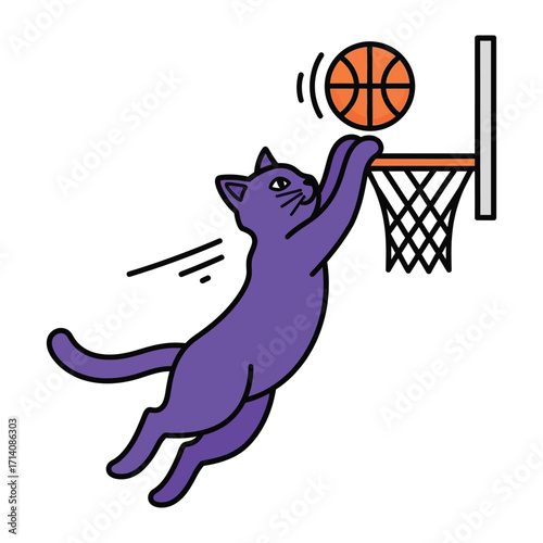 Slam Dunking Feline: An artistic illustration captures a playful purple cat in mid-air, perfectly executing a slam dunk with a basketball.