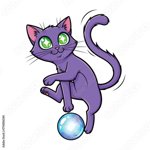 Whimsical Feline Equilibrium: A delightful cartoon cat maintains perfect balance on a translucent blue bubble, showcasing playful charm and feline grace.