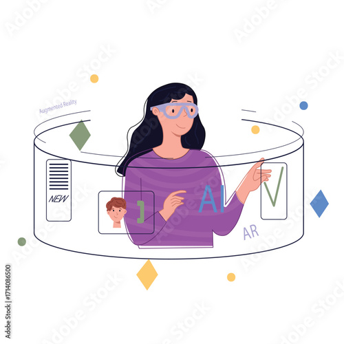 Augmented reality woman. Young girl wearing virtual reality glasses. Cyberspace and metaverse. Modern technologies and innovations. AR smart glasses with an assistant